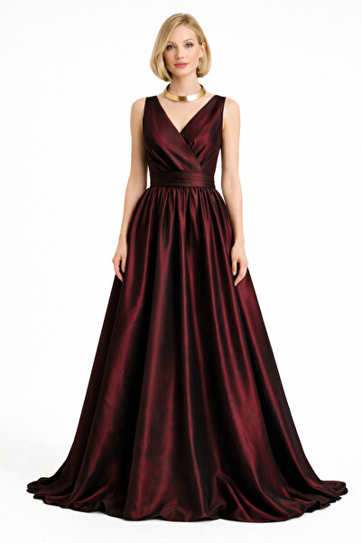 UNTIMELY Kruvaze Kapamalı & Piliseli Kuşaklı Maxi Boy Şık Tafta Elbise