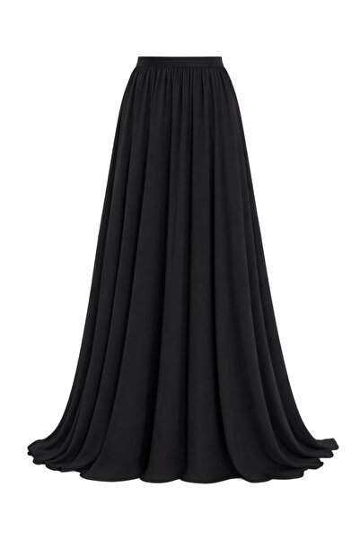 MERT ERKAN Yüksek Bel Siyah Krep Tam Daire Maxi Boy Etek