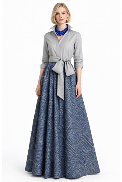 MERT ERKAN Açık Gri Tafta & İpek Brokar Kumaş Mix'li Şık Gömlek Elbise