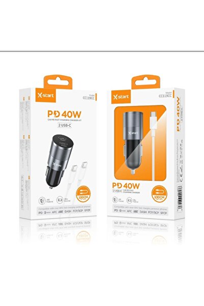 X-start Car Charger + USB-C Cable 40W, 5V, 3A, Fast charging.