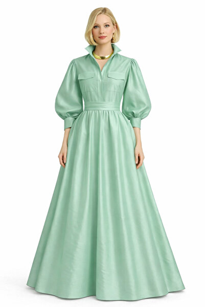 MERT ERKAN Balon Kollu, Kuşaklı & Cep Detaylı Tafta Maxi Elbise