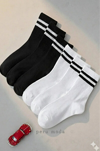 peru moda 6 Çift Kolej Tenis Çorap Seti Pamuklu 4 Mevsim Unisex Set Siyah Beyaz