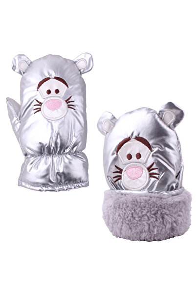 İşnar Çocuk Kar Eldiven Gümüş Gri Parmaksız Kar Eldiveni 2-4 Yaş Kaplan Desen...