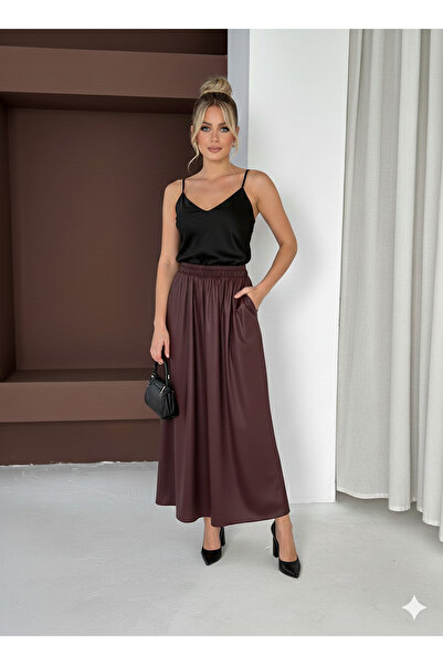 MaxiMor Fusta maxi drapată maro pentru femei cu buzunare laterale 4 de tranziție Piele Gümüş Lăcuită Lungime 95 cm