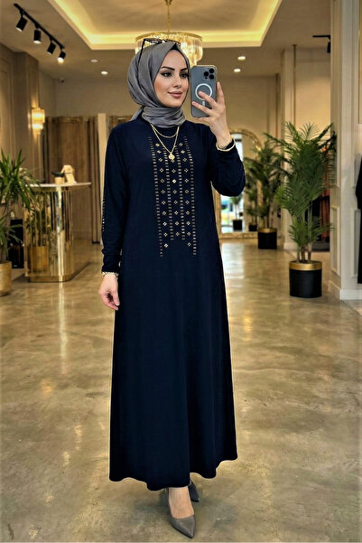 modamira Kadın Sandy Lacivert Taş Detaylı Büyük Beden Boydan Abiye Tesettür E...