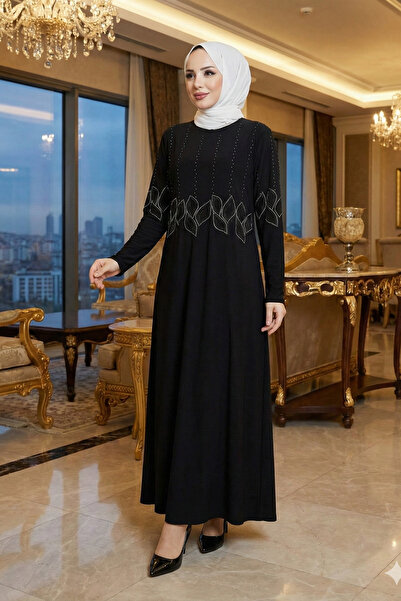 modamira Kadın siyah Sandy Büyük Beden Boydan Abiye Önü Ve Kolları Taş Detayl...