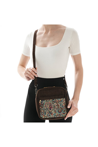 ÇANTA Kadın Kadife Süet El Yapımı Etnik Desenli Acı Kahve Yeşil Askılı Orta B...