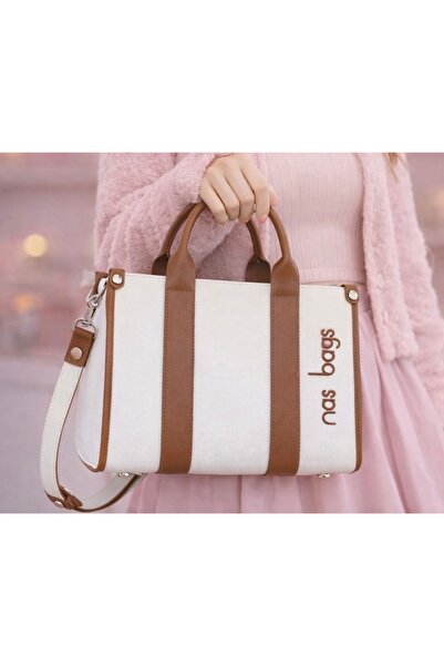 Tasarım Beyaz Kanvas Çanta – Kahverengi Deri Detaylı, Uzun Askılı & El Omuz K...