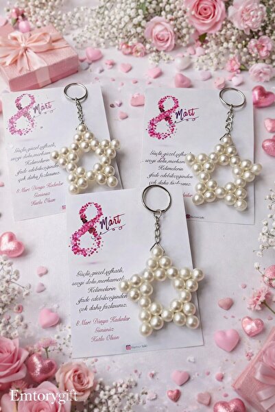 Emtory Home 8 Mart Dünya Kadınlar Günü Hediyesi İnci Yıldız Anahtarlık - 10 Adet