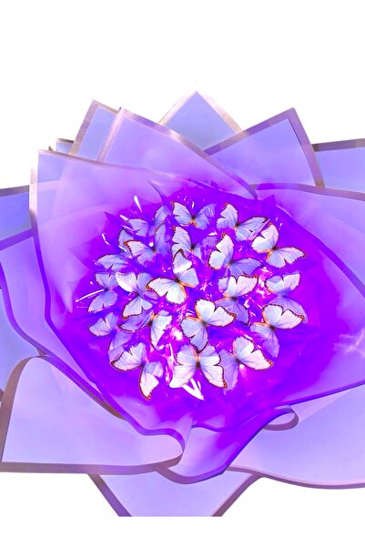 exzone Led Işıklı Lila Kelebek Buketi Lila Ambalajlı, Dekoratif Konsept Hediye Anneye, Sevgiliye,arkadaşa