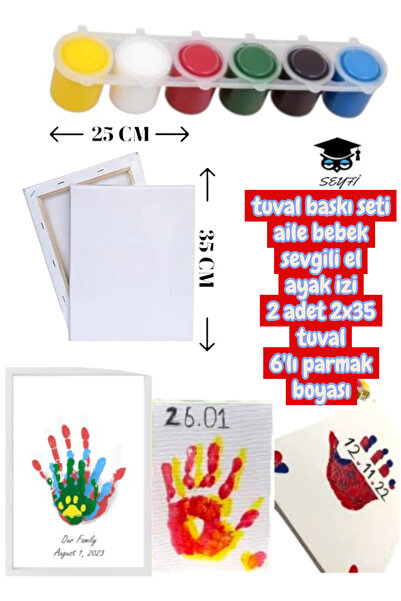 SEYFİKİRTASİYE tuval baskı seti aile sevgili bebek ilk el izi 2 adet 20x20 tuval 6 renk parmak boya