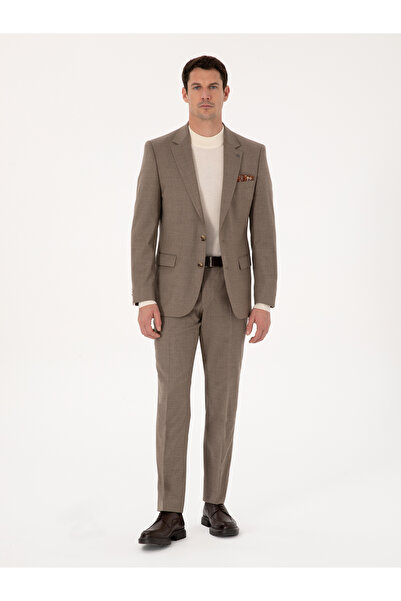 Cacharel Camel Slim Fit Wool Blend Micro Patterned Classic Pants 50310020-Vr015