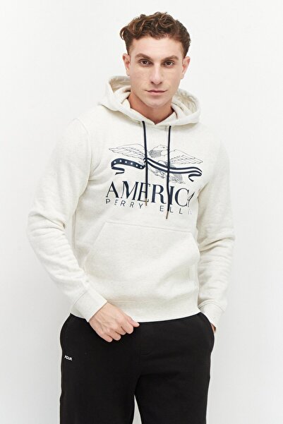 Perry Ellis سويت شيرت رجالي بغطاء رأس ورسومات، كريمي