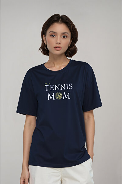 Klotho MAIA تي شيرت نسائي ذو لون أزرق داكن وياقة دائرية كبيرة الحجم ومفصل للأ...