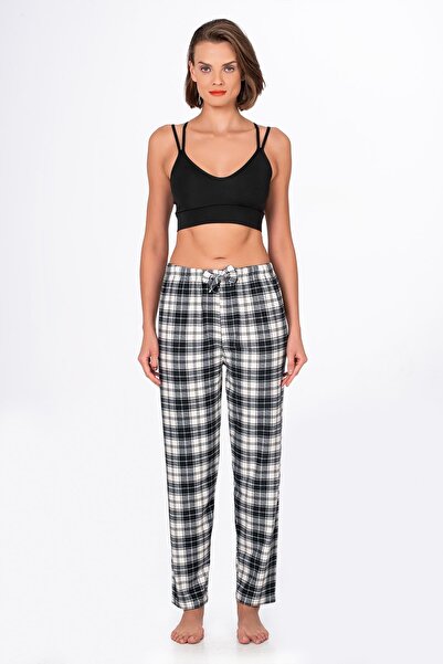 Kompedan Kadın Süet Siyah Kareli Pijama Tek Alt