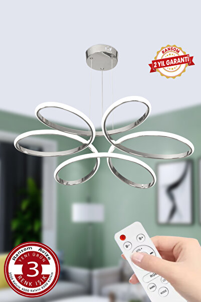 RANSOM 3 Renk Kumandalı Büyük Salon & Oda Avizesi Topsuz Papatya Krom Gümüş Ledli Avize