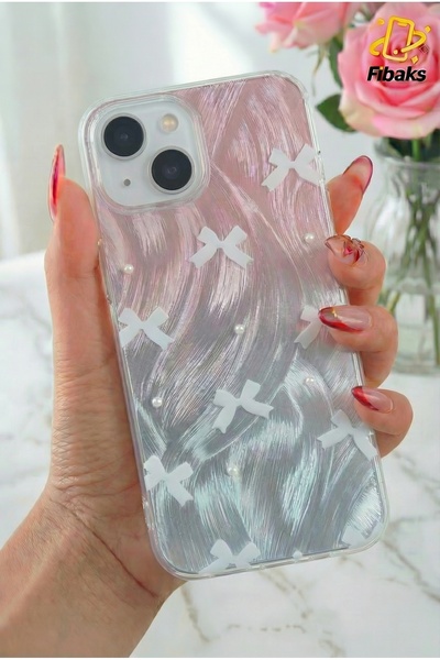 Fibaks İphone 13/14/15 Uyumlu Kılıf Parlak Hologramlı Fiyonk Desenli Darbe Em...