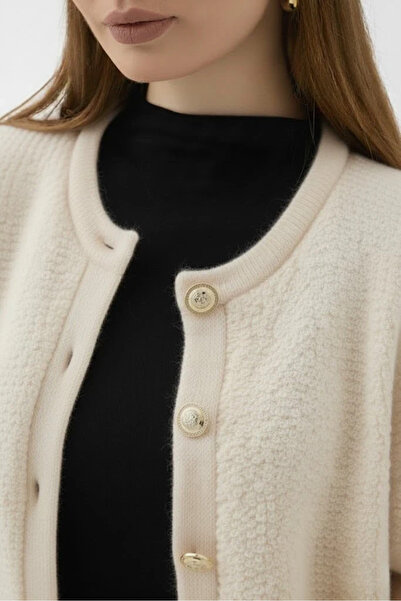 OWERALL Women's Teddy Crew Neck Soft Texture Gold Button Towel Knit Cardigan