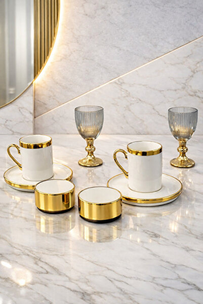 YzHome 2 Kişilik Porselen Platin Gold Fincan Takımı Seti ve 2 Porselen Lokuml...