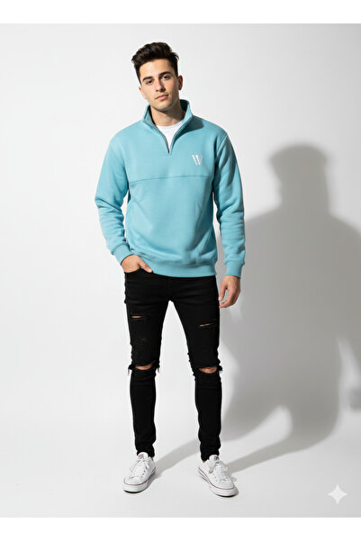 ribana Unisex Regular Fit Zippered Soft Textured Three Thread Long Sleeve Swe...