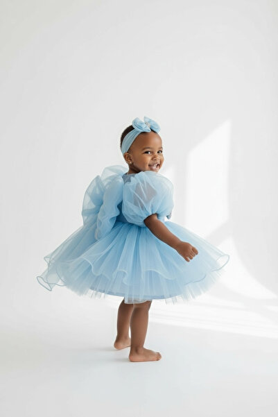 Hobidik Детска рокля с панделка от синя органза за момиченца