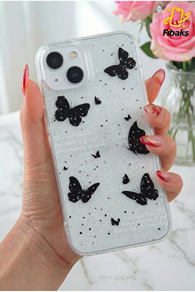 Fibaks Apple Iphone 13 - 14 - 15 Uyumlu Kılıf Simli Siyah Kelebek Desenli Ren...