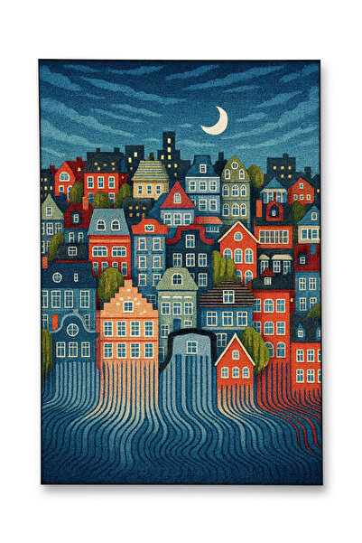 Rugs Modern Halı SDT Mavi Temalı Soyut Dalgalı Binalar ve Ay Desenli Dokuma T...