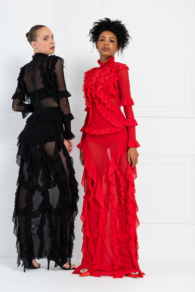 Kikiriki Fırfırlı Siyah Transparan Elbise