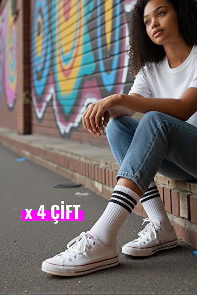 Esinti 4 Çift Erkek Kadın Pamuklu Beyaz Siyah Çizgili Uzun Tenis Çorap Unisex...