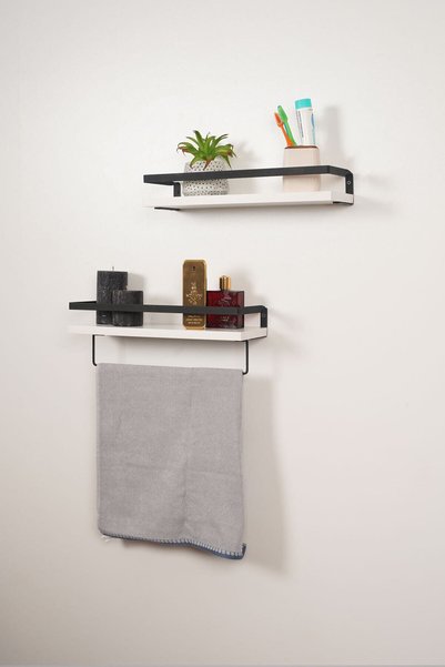 Mudesa Banyo Rafı Ahşap Metal Banyo Havluluk 2 Raflı Duvara Monte Sabunluk