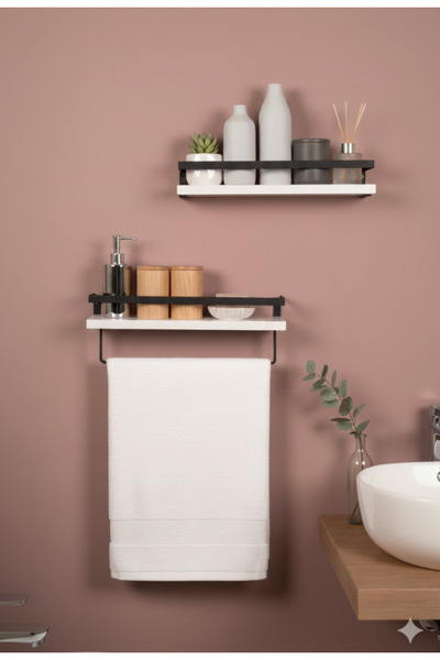 Mudesa Banyo Rafı Ahşap Metal Banyo Havluluk 2 Raflı Duvara Monte Sabunluk