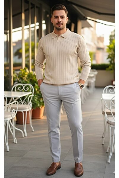 LİBASSİNİ Ανδρικό πουλόβερ με ανοιχτό γιακά, αθλητικό, στενό κούφωμα, μπεζ