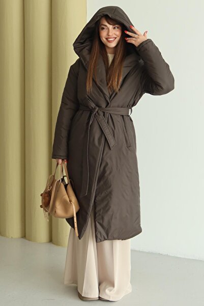 Olcay Hooded Snap Closure Fiber Long Coat Brown 6815