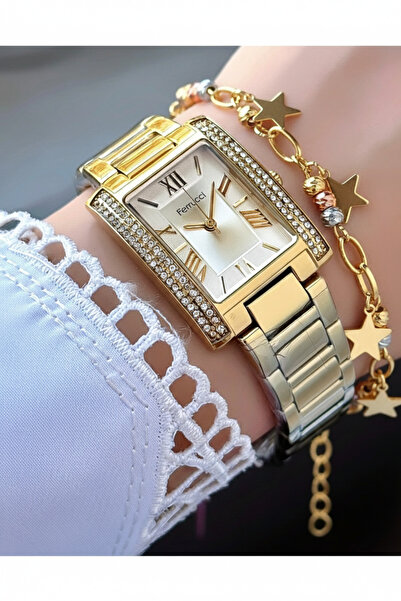 Ferrucci Dikdörtgen Taşlı Altın Metal Kordon Kadın Kol Saati - 2 Yıl Garantili - Bileklik Hediyeli