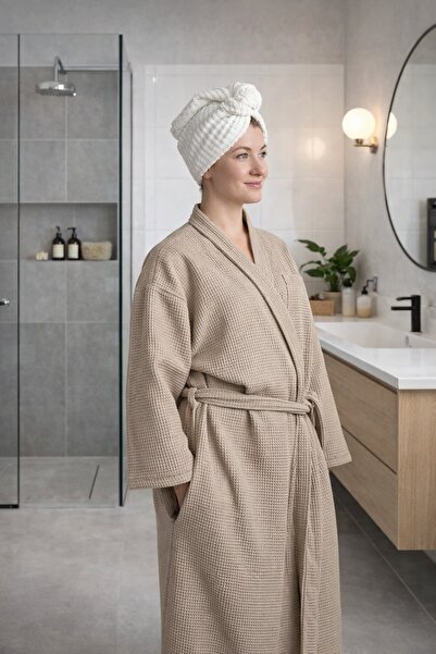 Miabella Home Bornoz Unisex Waffle Yumuşaklığında %100 Pamuklu Bornoz Pike Bornoz Yüksek Su Emici