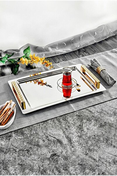 ÖZLİFE Eylül Gold & Çelik Versace Gold Kulp Büyük Boy Tepsi 382