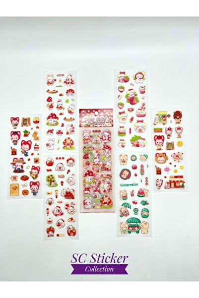SC Sticker Collection Kawaii Kırmızı Meyveler ve Sevimli Hayvanlar Temalı 6 Y...