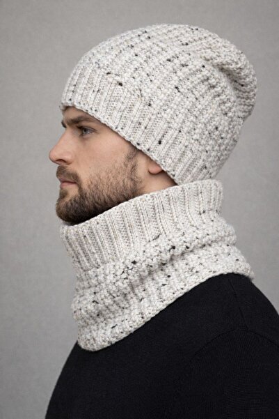 Gönülden Tasarım Ручна в'язка Чоловічий комплект шапка-шарф БІЛИЙ