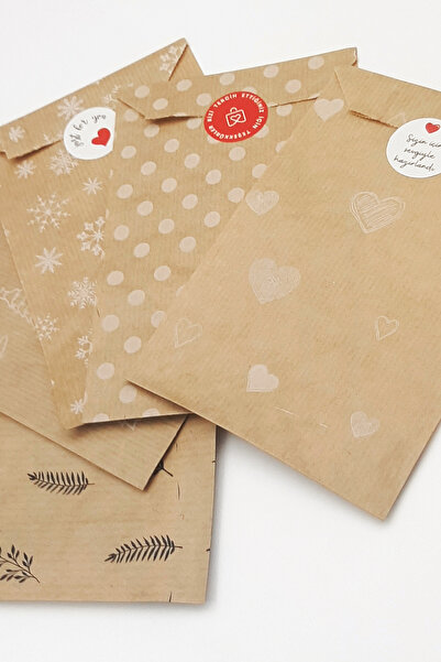 Bimotif 20li Karışık (Kalp ve Yaprak) Kese Kağıdı Hediye Paketi (11x20 cm ) ve Sticker Seti