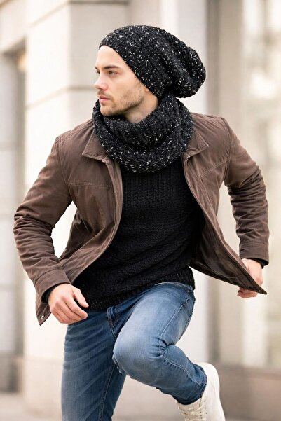 Gönülden Tasarım Ручна в'язка Чоловічий комплект шапки та шарфа ЧОРНИЙ