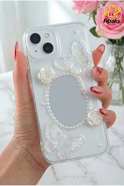 Fibaks Apple iPhone 13 - 14 - 15 Kılıf 3D Kelebek Gül Desenli Aynalı Simli Şe...