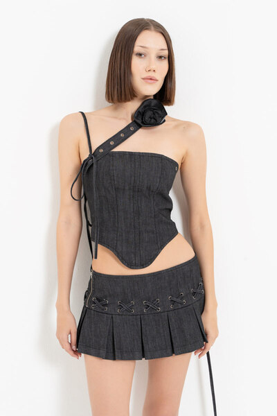 Kikiriki Kuşgözü Detaylı Kot Büstiyer & Mini Etek Takım