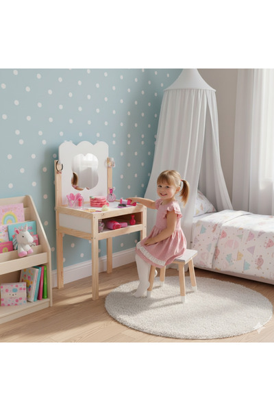 Masal Oyuncak Ahşap Çocuk Güzellik Makyaj Masası Tabüreli