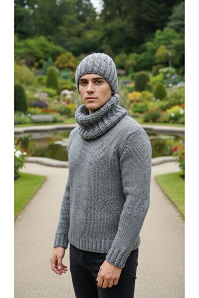 Gönülden Tasarım Hand Knitted Men's Beanie Neck Collar Set Gray