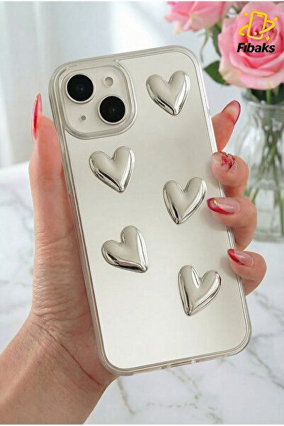 Fibaks İphone 13 - 14 Uyumlu Kılıf Aynalı Gümüş 3d Kalp Desenli Darbe Emici S...