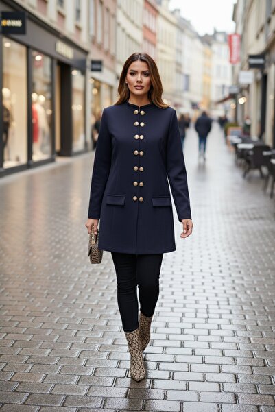 Mossta Hakim Collared Buttoned Atlas Jacket - Navy Blue