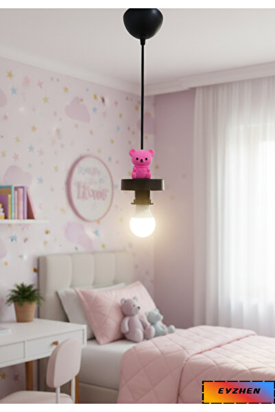 Eyzhen Bebek/Çocuk Odası El Yapımı Pembe Taş Ayıcık Figürlü Tekli Sarkıt Lamba