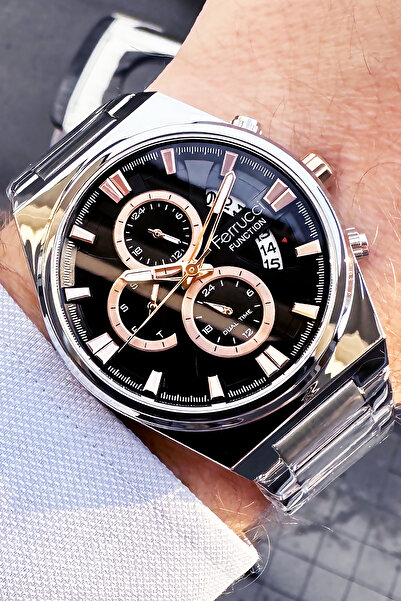 Ferrucci ساعة يد رجالية فونكشن 3 أتم مقاومة للماء باللون الفضي وسوار فولاذي +...