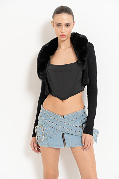 Kikiriki Kuşgözülü Kemer Detaylı Mini Kot Etek