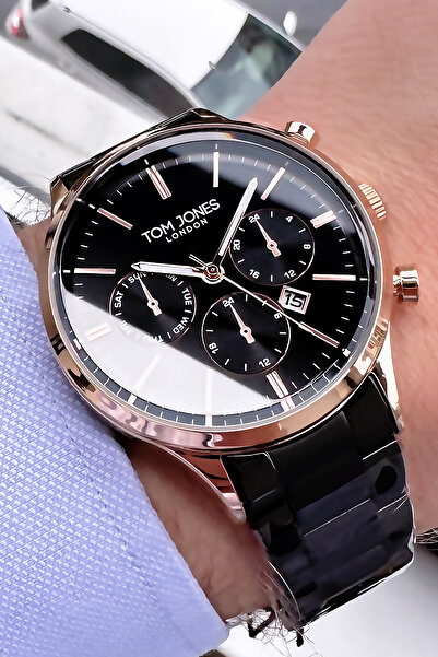 Tom Jones ساعة يد رجالية 3 أتم مقاومة للماء لون أسود سوار فولاذي TJE2047C6